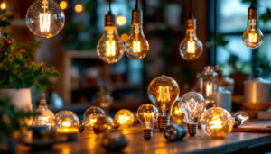 A photograph of a beautifully arranged display of various decorative bulbs in different styles and colors