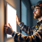A photograph of a skilled lighting contractor installing a sleek panel led light in a modern space