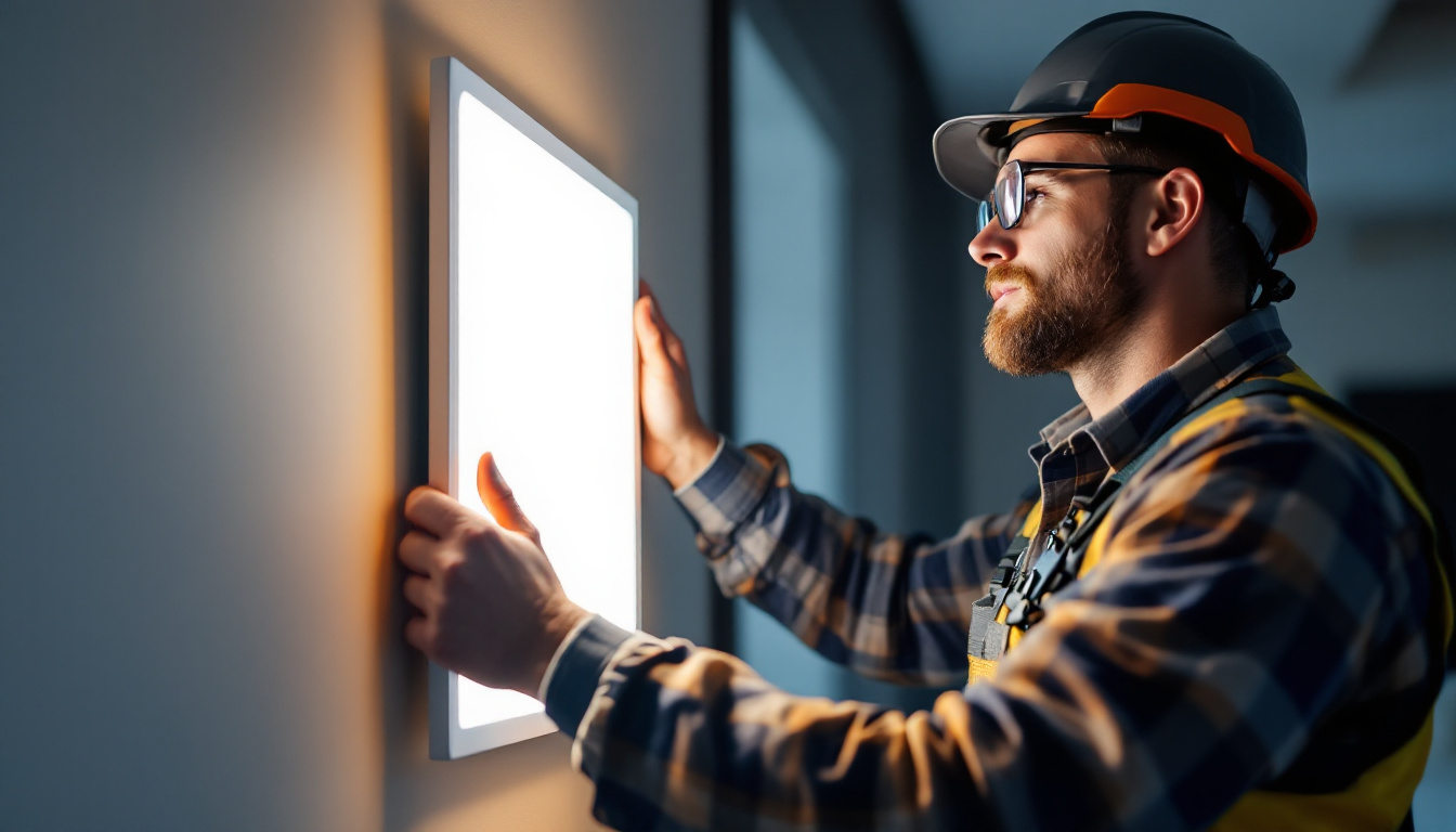 A photograph of a skilled lighting contractor installing a sleek panel led light in a modern space