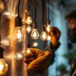 A photograph of a lighting contractor working with 4 ft light bulbs in a well-lit environment