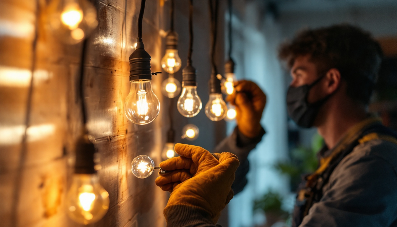 A photograph of a lighting contractor working with 4 ft light bulbs in a well-lit environment
