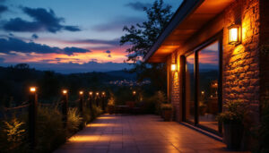 A photograph of a beautifully illuminated outdoor space at dusk