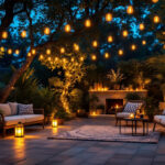 A photograph of a beautifully illuminated outdoor patio featuring stylish solar-powered lights in various designs