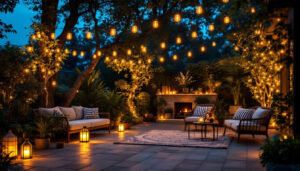 A photograph of a beautifully illuminated outdoor patio featuring stylish solar-powered lights in various designs