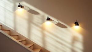 A photograph of a beautifully illuminated staircase wall featuring a variety of stylish wall-mounted light fixtures