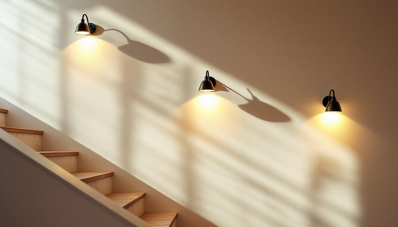 A photograph of a beautifully illuminated staircase wall featuring a variety of stylish wall-mounted light fixtures