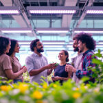 A photograph of a team of diverse individuals collaborating in a bright