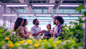 A photograph of a team of diverse individuals collaborating in a bright