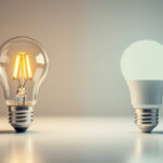 A photograph of a side-by-side comparison of a t12 fluorescent bulb and an led bulb in a well-lit environment