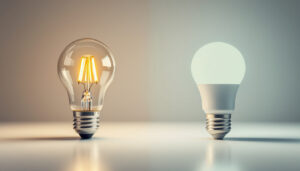 A photograph of a side-by-side comparison of a t12 fluorescent bulb and an led bulb in a well-lit environment