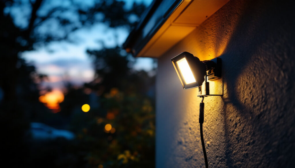 A photograph of a lighting contractor installing outdoor led flood light bulbs in a residential or commercial setting during twilight