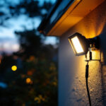A photograph of a lighting contractor installing outdoor led flood light bulbs in a residential or commercial setting during twilight