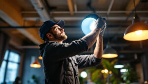 A photograph of a lighting contractor installing or adjusting modern commercial lighting fixtures in a vibrant workspace