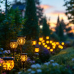 A photograph of a beautifully illuminated garden at dusk