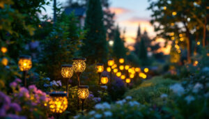 A photograph of a beautifully illuminated garden at dusk