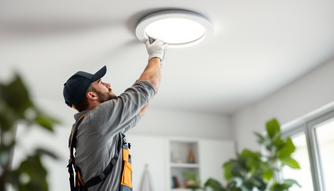 A photograph of a lighting contractor installing a sleek 2-inch recessed downlight in a modern home setting