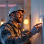 A photograph of a lighting contractor installing a modern led light switch in a stylish home interior