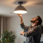 A photograph of a skilled lighting contractor expertly installing a stylish quasar light fixture in a modern home setting