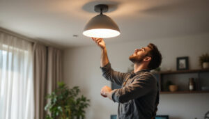 A photograph of a skilled lighting contractor expertly installing a stylish quasar light fixture in a modern home setting