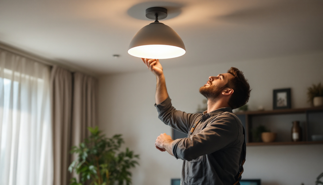 A photograph of a skilled lighting contractor expertly installing a stylish quasar light fixture in a modern home setting