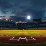 A photograph of an illuminated baseball field at dusk