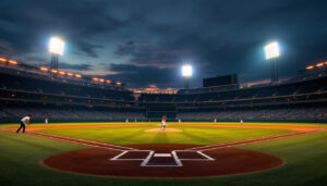 A photograph of an illuminated baseball field at dusk