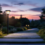 A photograph of a beautifully designed solar outdoor post light illuminating a garden pathway at dusk