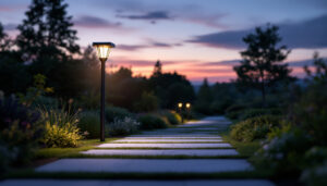 A photograph of a beautifully designed solar outdoor post light illuminating a garden pathway at dusk