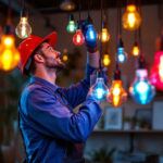 A photograph of a lighting contractor working on an installation of led decorative light bulbs in a stylish interior setting