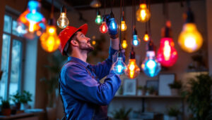 A photograph of a lighting contractor working on an installation of led decorative light bulbs in a stylish interior setting