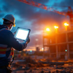 A photograph of a lighting contractor installing commercial led flood lights at a construction site during dusk