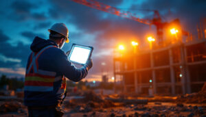 A photograph of a lighting contractor installing commercial led flood lights at a construction site during dusk
