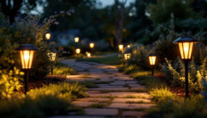 A photograph of a beautifully illuminated outdoor pathway at dusk