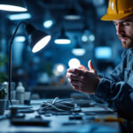 A photograph of a lighting contractor installing or examining a modern bulb base in a well-lit workspace