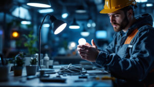 A photograph of a lighting contractor installing or examining a modern bulb base in a well-lit workspace