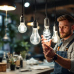A photograph of a lighting contractor expertly installing various bulb types in a well-lit space