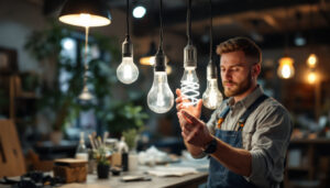 A photograph of a lighting contractor expertly installing various bulb types in a well-lit space