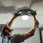 A photograph of a skilled lighting contractor expertly installing a light fixture mounting plate on a ceiling