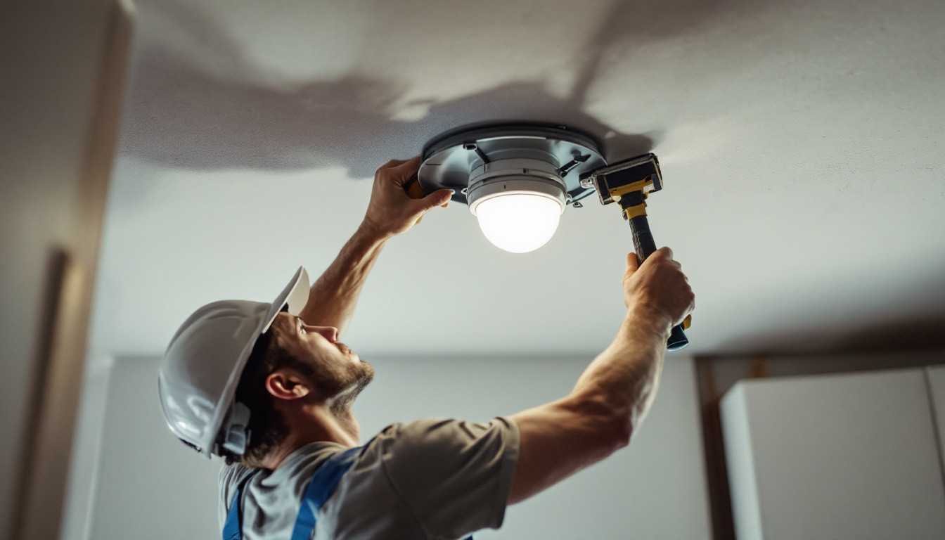 A photograph of a skilled lighting contractor expertly installing a light fixture mounting plate on a ceiling