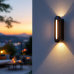 A photograph of a beautifully designed outdoor wall mount led light installed on a stylish exterior wall