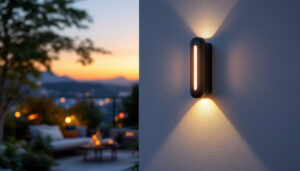 A photograph of a beautifully designed outdoor wall mount led light installed on a stylish exterior wall