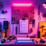 A photograph of a well-organized workspace featuring a variety of led lights