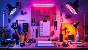 A photograph of a well-organized workspace featuring a variety of led lights