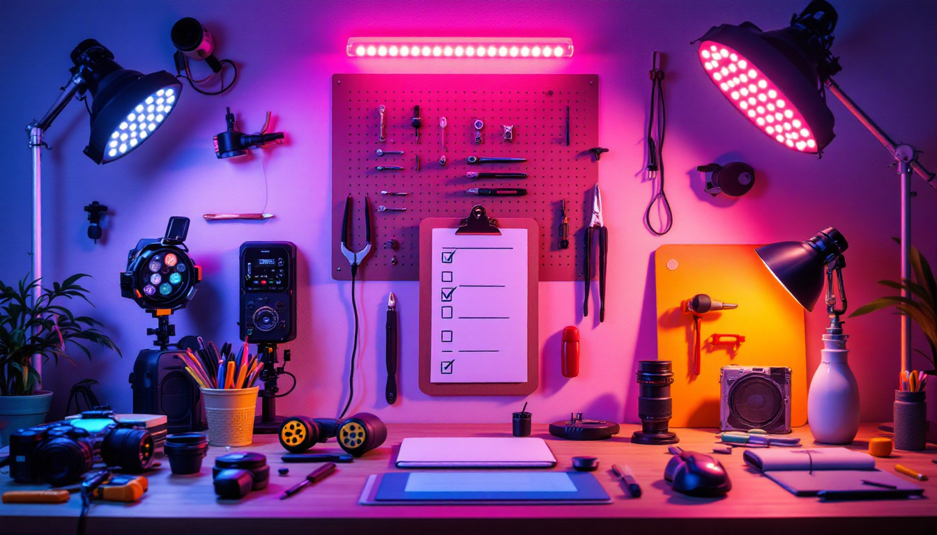 A photograph of a well-organized workspace featuring a variety of led lights