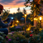 A photograph of a lighting contractor installing an outdoor light photo sensor in a beautifully landscaped garden at dusk