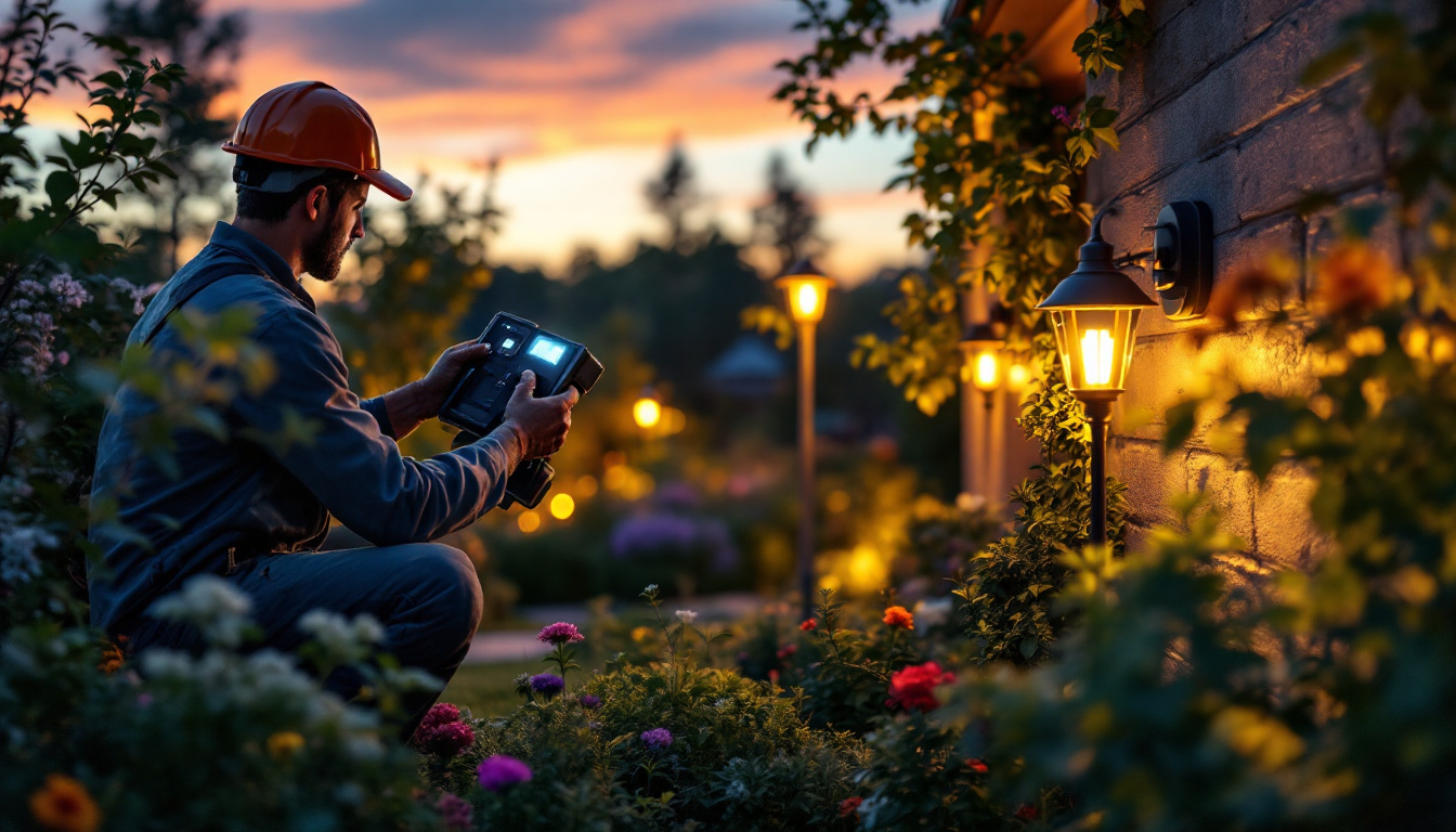 A photograph of a lighting contractor installing an outdoor light photo sensor in a beautifully landscaped garden at dusk
