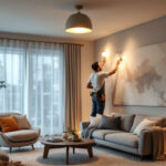 A photograph of a lighting contractor skillfully installing modern can lights in a stylish residential space