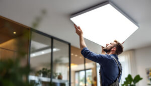 A photograph of a lighting contractor installing or inspecting a sleek led ceiling panel in a modern interior space