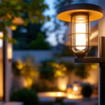 A photograph of a stylish and functional outdoor light fixture illuminating a well-designed outdoor space during twilight