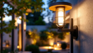 A photograph of a stylish and functional outdoor light fixture illuminating a well-designed outdoor space during twilight